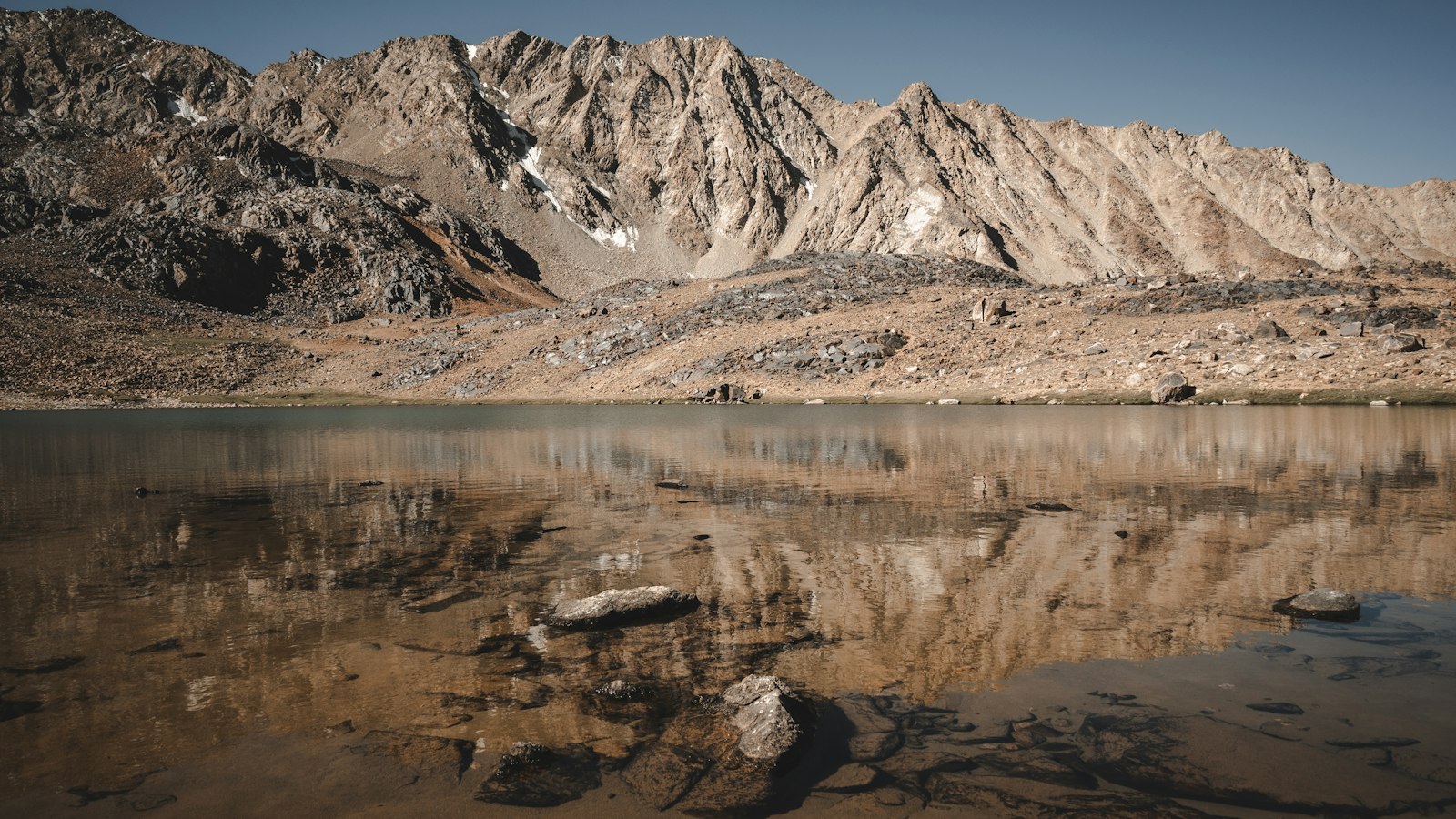 Calm mountain lake reflecting peaks under a clear sky
